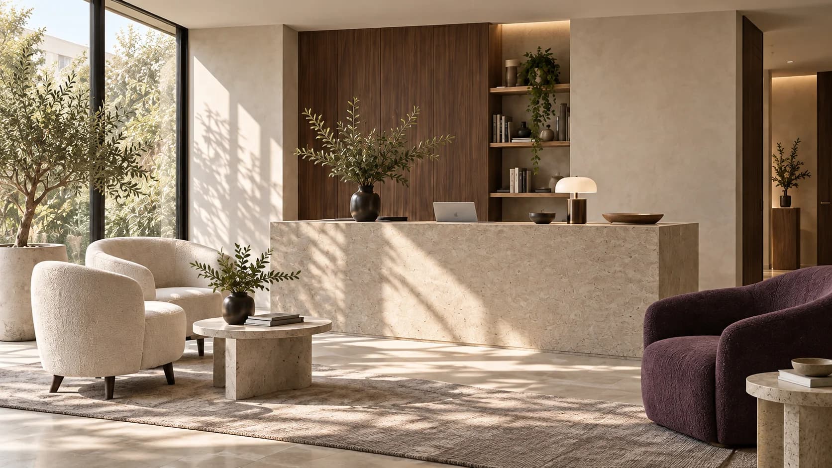 Warm stone and walnut in the fictional LIOR reception