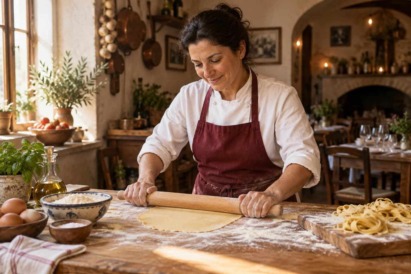 Elena, the fictional chef and founder of Lumen, rolling fresh pasta