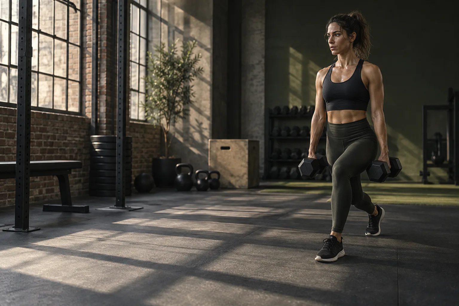 Strength training in a sunlit studio