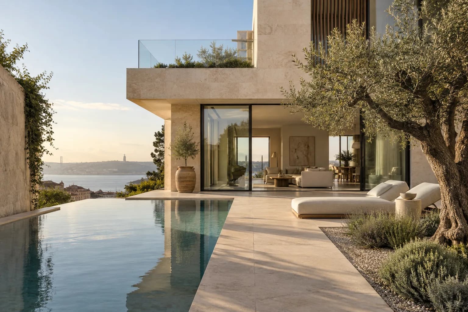 A contemporary home with a planted courtyard
