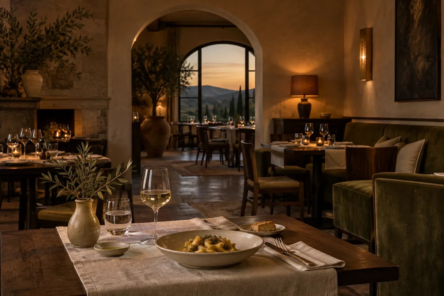 A warmly lit Italian dining room set for dinner