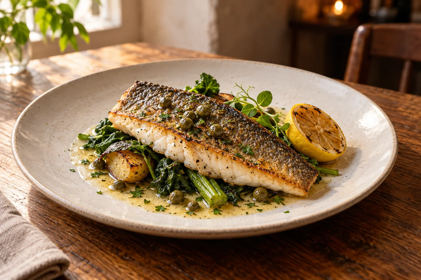 Sea bass, simply grilled